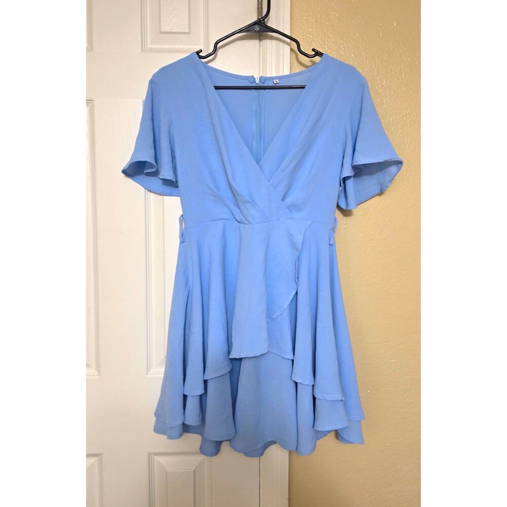 Blue V-Neck Flutter Sleeve Fit & Flare Chiffon Ruffle Short Dress S